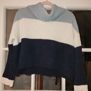 WARM & COZY Navy and White Color Block Turtleneck Cowl Sweater